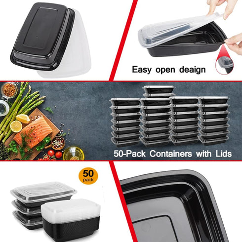 50-Pack Food Prep Containers, 1000ML/ 34 OZ Microwavable Food Storage Containers with Lids, Reusable Plastic lunch Containers Lunch Boxes- Stackab...