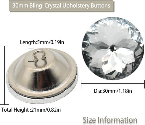 30PCS 30mm/1.18" Crystal Upholstery Buttons, Clear Crystal Rhinestone Sew Buttons, Imitate Diamond Buttons for Tufting DIY Crafts Sofa Bed Headboa...