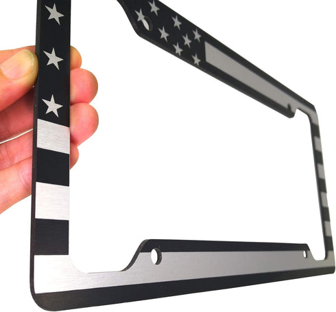AOOTF American Flag License Plate Frame - USA Aluminum Metal License Plate Cover Auto Car Truck Tag Holder Thin Blue Line Black and White Stripes ...