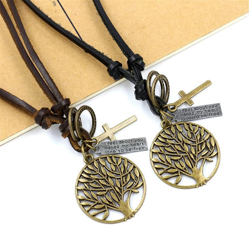 Tree of Life Pendant Necklace Leather Cross Circle Pendant Leather Cord for Women Men Adjustable Tree of Life Leather Cord Pendant Jewelry...