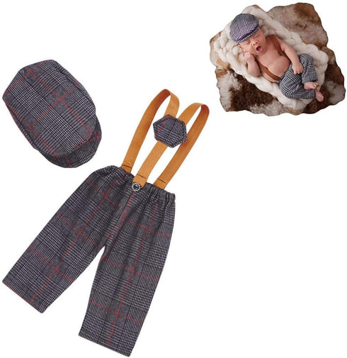 Coberllus Newborn Baby Photography Photo Props Checked Fabric Boys Flat Cap & Suspender Pants Romper Photography...