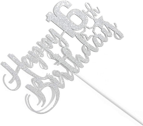 Silver Glitter Happy 16th Birthday Cake Topper - 16th Birthday Cake Topper, 16th Birthday Party Decoration...