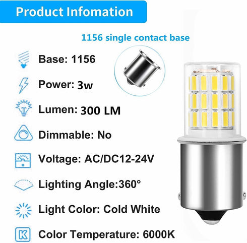 1156 Ba15s 12V 24V 3w LED Light Bulb 6000K Daylight White, 1141 S8 Bayonet Bulb Socket Single Contact, for Landscape, RV, Boat Mower Lawn Tractors...