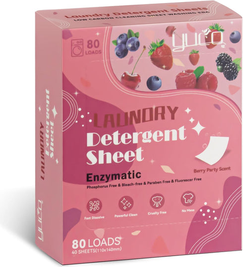 YUCO Laundry Detergent Sheets Berry Scent 80 Loads (40 Sheets) Eco-Friendly Laundry Soap Washer Sheets- Liquidless Laundry Detergent Sheets for Tr...