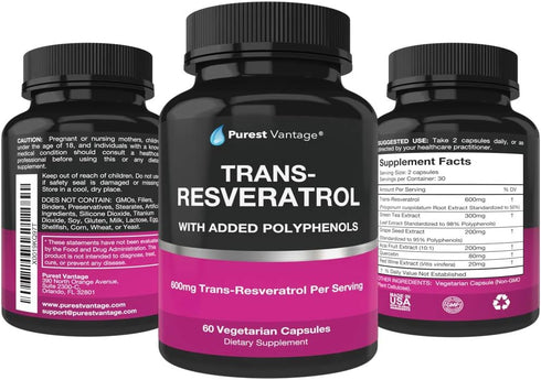 Resveratrol Supplement - Potent 1400mg Formula with Trans Resveratrol, Quercetin, Grape Seed, Green Tea, Acai and Red Wine Extract - 60 Veggie Cap...