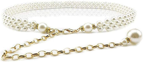 Women's Fashion Pearl Decorative Metal Waist Chain, White, Size 100cm...