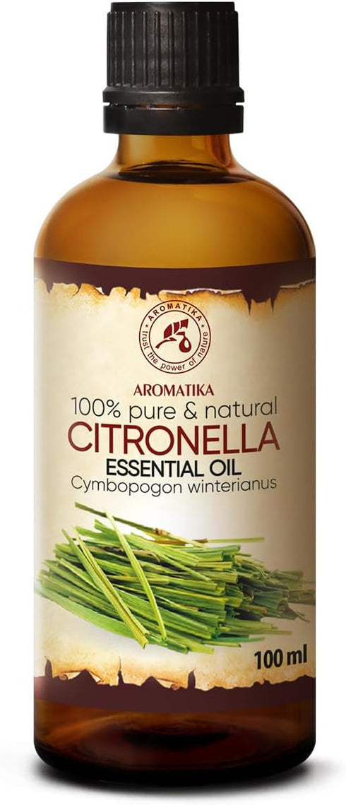 Citronella Essential Oil 3.4 Fl Oz (100ml) - Glass Bottle - Cymbopogon Winterianus - 100% Pure & Natural Citronella Oil for Massage - Sauna - Cosm...