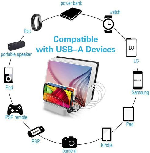 COSOOS Fastest Charging Station with QC 3.0, 63W 6-Port USB Charging Station for Multiple Devices with 6 Mixed Short Cables & lWatch Stand,Multi C...