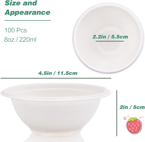 100 Pcs 8oz Disposable Paper Bowls,Natural Compostable Bowls,White Heavy-Duty Bagasse Bowls for Parties,Catering and Everyday Use...