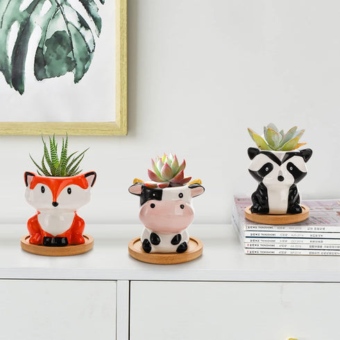 6 Pack Succulent Pots, 3 Inch Small Ceramic Flower Planter Pot, Cute Animal Plant Holder Container with Drainage Hole and Bamboo Tray for Cactus, ...