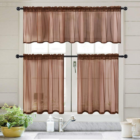 MIULEE Solid Chocolate Brown Kitchen Sheer Valance Linen Look Window Curtain, Living Room Windows Voile Valance Rod Pocket 1 Panels (60" W x 18" L...