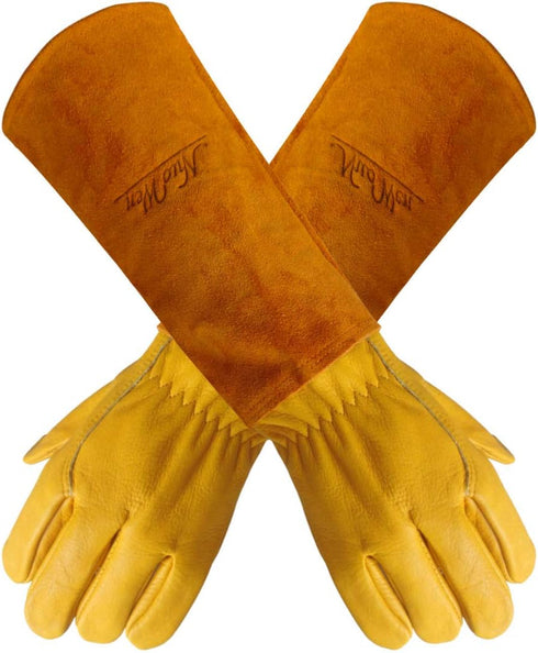 Heavy Duty Long Leather Garden Gloves Thorn and Cut Proof Garden Work Gloves (Medium, Yellow)...