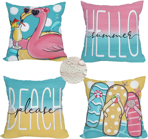 2 Pack Waterproof Outdoor Summer Beach Throw Pillow Covers 20x20 Inch Flamingo Flip Flops Tropical Flower Starfish Farmhouse Decoration Pillow Cas...
