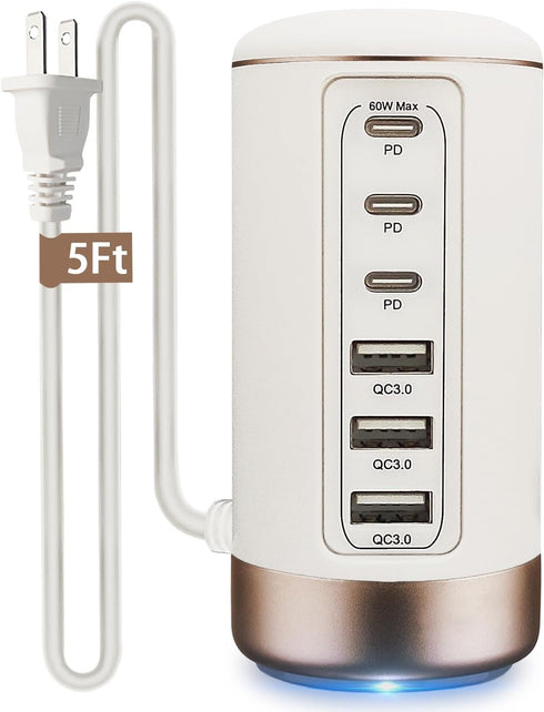 60W USB-C Charging Station for Multiple Devices, Universal 20W USB-C & 18W USB Charging Hub, Smart IC Identification Technology Charging Tower for...