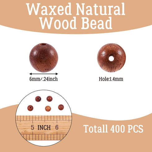 400pcs/Box Natural Round Wood Scentedros Beads 6mm Undyed Waxed Ball Spacer Beads Wooden Loose Beads for DIY Jewelry Crafts Making, Sienna...