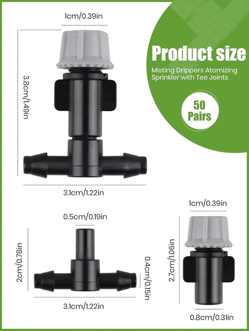 Kalolary 50 Pairs Misting Drippers Head, Atomizing Sprinkler with Tee Joints Adjustable Equipment Tool Micro Sprinkler Shrub for Flower Bed Patio,...