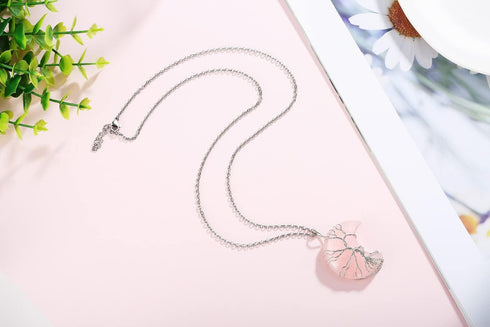 XIANNVXI Mother's Day Gifts Rose Quartz Necklaces Stone Necklaces Tree of Life Wire Wrapped Crescent Moon Pendant Necklace Gemstone Quartz Jewelry...