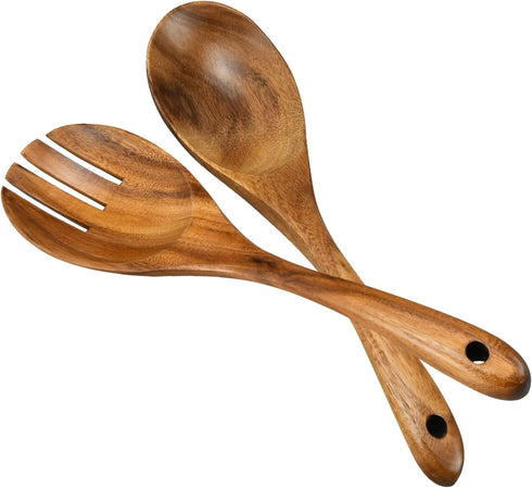Salad Servers, Wood Salad Tongs, 10.2in Salad Spoon and Fork Set, Long Handle Salad Server Set for Mixing, Tossing and Cooking (Salad Spoon and Fo...
