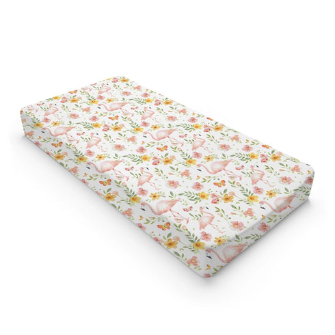 Flamingos Butterflies Flowers Changing Pad Cover, Flowers Floral Birds Prints Baby Nursery Diaper Changing Table Pad Cover, Unisex Flamingos Patte...