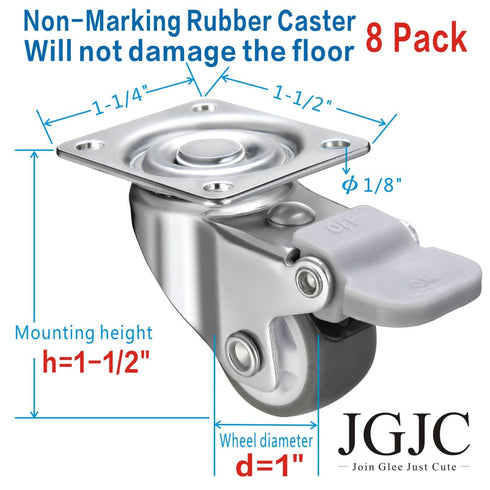 1 inch Caster Wheels 8 Pack, Durable Mini Caster Wheels for Furniture, Soft Rubber Small Locking Casters for Furniture, Low Profile Swivel Castor ...