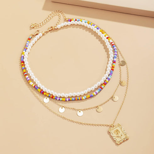 Boho Layered Pearl Turquoise Necklace Colorful Bead Chain Sequins Pendent Beach Choker Necklace Glitter Bohemia Tassel Necklace for Women...