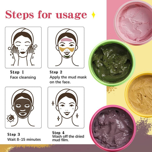 LIYALAN Face Clay Mask Set(1.76 oz/4 pack),Christmas Gifts for Women,Matcha Facial Mud Mask, Eggplant Rose Face Mask Skin Care, Turmeric Acne Faci...