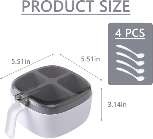 Seasoning Box with Lid and Spoon, 4 Compartment Spice Pots with Handle for Household kitchen for Salt Sugar Pepper Powder, Leakproof, Easy to Clea...