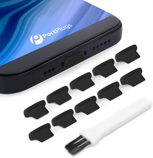 Anti Dust Plugs (10 Pack) - Includes Charging Port Cleaning Brush - Flat Design Port Protector Cover - Compatible w/iPhone 14, 13,12,11 & Air Pods...