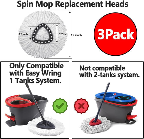 3 Pack Mop Replace Head, Great Cleaning Power Spin Mop Replacement Head for Easywring 1-Tank System, Easy Cleaning, Microfiber, Machine Washable f...