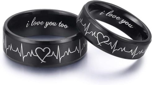 LAVUMO Heartbeat Rings for Couples I Love You Matching Promise Rings Wedding Bands Sets for Him and Her with Box Stainless Steel Comfort Fit...