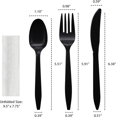 Party Essentials Individually Wrapped Plastic Cutlery Packets/Silverware Kits, Black Fork/Spoon/Knife/Napkin, 50 Sets...
