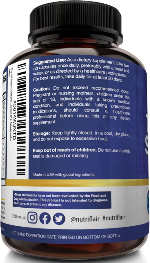 NutriFlair Thyroid Support Complex, 120 Capsules - with Iodine, Black Pepper, Ashwagandha, Vitamin B12 - Thyroid Supplement for Women and Men...