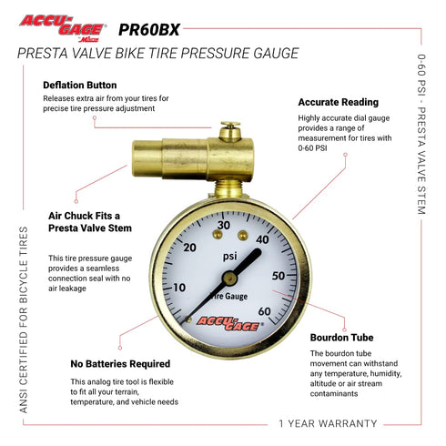 Accu-Gage by Milton Presta Valve Bike Tire Pressure Gauge with Bleeder Valve, for 0-60 PSI - ANSI Certified...