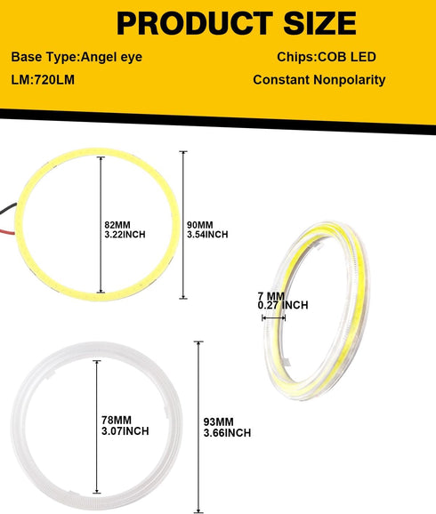 Qasim 1 Pair 90MM 66SMD COB LED for Angel Eyes Halo Ring DRL LED Fog Light Lamp with Cover White 12V 24V DC...