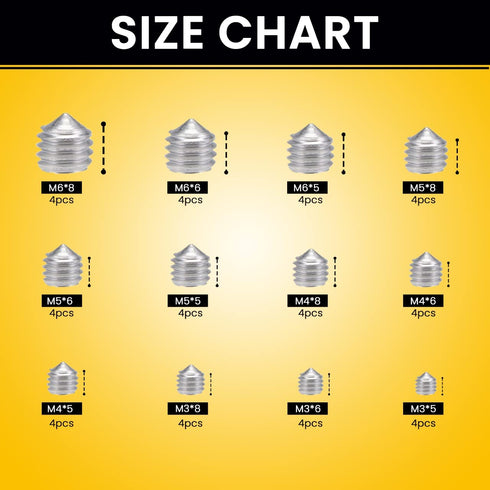 Cone Point Set Screws 48 Pcs (M3,M4,M5,M6) Hex Head - Metric 304 Stainless Steel Grub Screws Assorted Sizes Ideal for Home Repairs, Bathroom Fixtu...