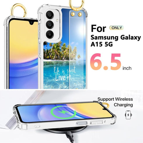 OOK Wrist Strap Case for Samsung Galaxy A15 5G with Kickstand, Seabeach Wristband Crystal Shockproof Protection Phone Case for Women Girls Clear C...