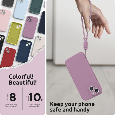 SURPHY Designed for iPhone 15 Case with Screen Protector and Lanyard, Phone Strap and Liquid Silicone Phone Case (Camera Protective + Soft Microfi...