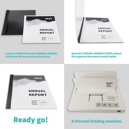 Binditek 10 Pack Thermal Binding Presentation Covers, 1/8 Inch Spine, Holds 30 Sheets, Ultra Clear Front Cover, Black Paper Back Cover, Letter Siz...