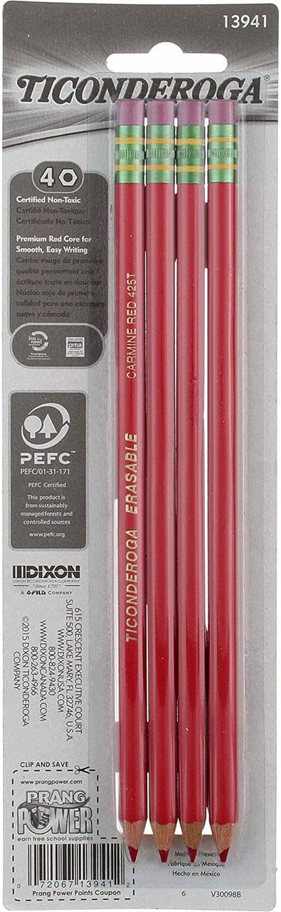 Ticonderoga Erasable Checking Pencils, Eraser Tipped, Pre-Sharpened, Red, 4 Pack (2 pencils per Pack) (13901)...