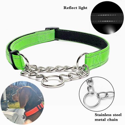Martingale Collar for Dogs Reflective Nylon Dog Training Collars Soft Padded No Pull Adjustable Collars Stainless Steel Chain Collar for Large/Med...