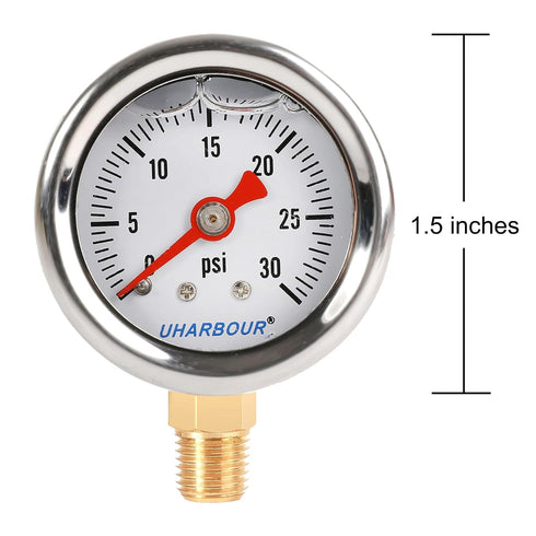 Glycerin Filled Pressure Gauge with 304 Stainless Steel Case, 1-1/2" Dial Size, 0-30Psi, High Accuracy, 1/8"NPT Center Lower Mount...