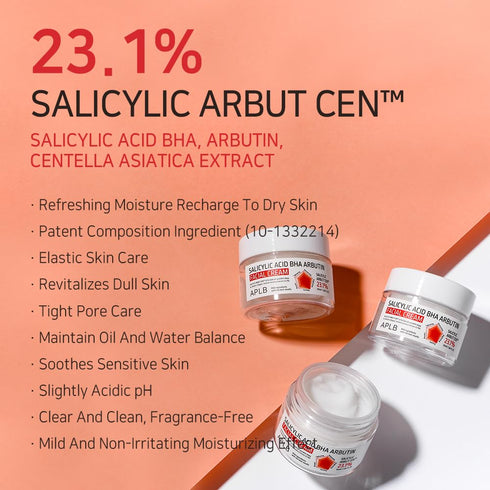 APLB Salicylic Acid BHA Arbutin Facial Cream | SALICYLIC ARBUT CEN™ 23.1% 1.86 FL.OZ/Korean Skincare, Deep hydration, Acne & Pore care, Revitalize...