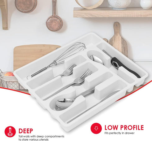 Home Basics 7 Molded Compartments Plastic Cutlery Tray (White) | Flatware and Extra Utensils Organizer | Deep Compartments | Heavy Duty | Round Co...