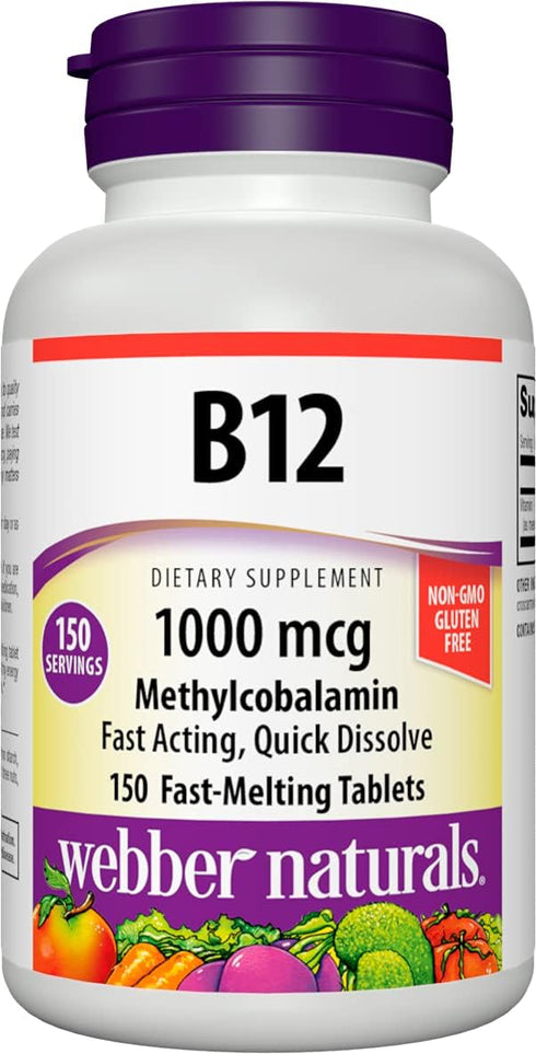 Webber Naturals Vitamin B12 1,000 mcg, 150 Fast-Melting Tablets, Supports Energy Production and Metabolism, Gluten Free, Non-GMO, Vegetarians...