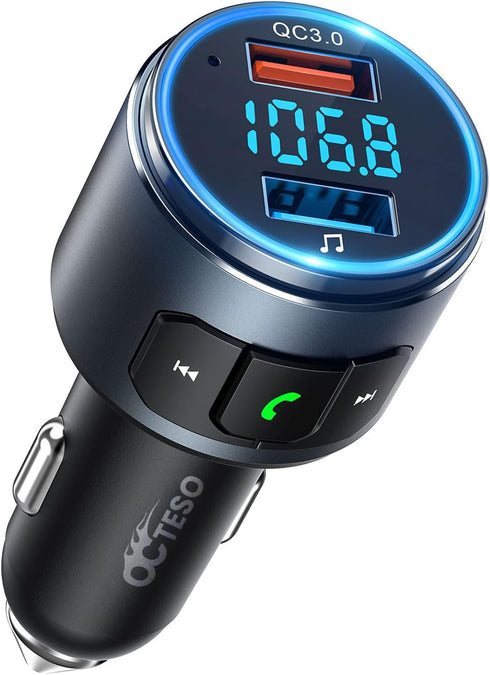Upgraded V5.0 FM Bluetooth Transmitter Car, QC3.0 & LED Backlit Wireless Bluetooth FM Radio Adapter Music Player/Car Kit with Hands-Free Calls, Si...