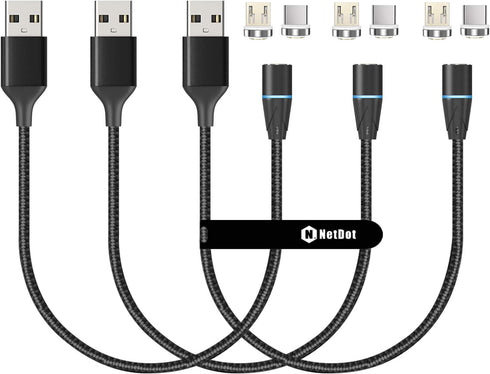 N. NETDOT Magnetic Charging Cable,2in1 Gen12 (1ft/3 pack black) 18W Fast Charging Magnetic Phone Charger and Data Transfer Magnetic charger for US...
