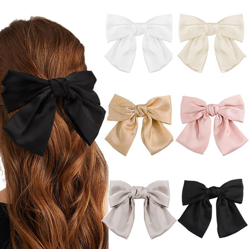 Ahoney 6 Pack Satin Hair Bow Hair Clips for Women Girls, 6" Bowknot Hair Ribbons for Hair Ponytail Cute Hair Clips Bow for Hair Accessories Barret...
