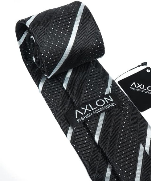 Black White Striped Ties For Men – Tie Set With Pocket Square Cufflinks Tie Clip Bar & Flower Brooch Pin For Mens (Pack of 5) (AXTS50)...
