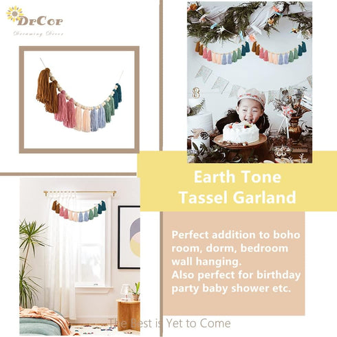 DrCor Boho Rainbow Tassel Garland – Handmade Cotton Yarn Wall Hanging in Earthy Tones for Classroom, Nursery, Kids Room, Baby Shower, Birthday, or...