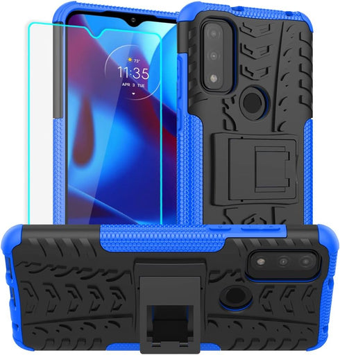Moto G Pure Case with HD Screen Protector - Yiakeng Shockproof Silicone & Hard Cover, Kickstand - Blue...